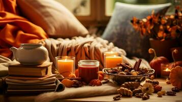 Pumpkin spice potpourri and candles, cozy background layout, Generative AI photo