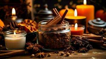 Pumpkin spice potpourri and candles, cozy background layout, Generative AI photo