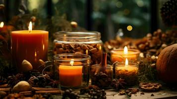 Pumpkin spice potpourri and candles, cozy background layout, Generative AI photo