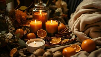 Pumpkin spice potpourri and candles, cozy background layout, Generative AI photo