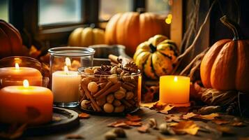 Pumpkin spice potpourri and candles, cozy background layout, Generative AI photo