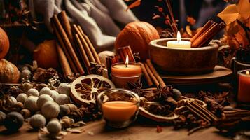 Pumpkin spice potpourri and candles, cozy background layout, Generative AI photo