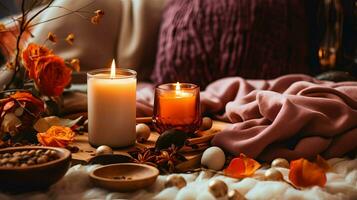 Pumpkin spice potpourri and candles, cozy background layout, Generative AI photo