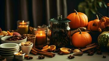 Pumpkin spice potpourri and candles, cozy background layout, Generative AI photo