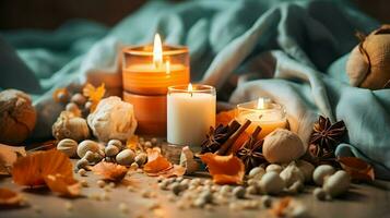 Pumpkin spice potpourri and candles, cozy background layout, Generative AI photo