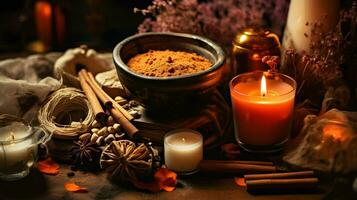 Pumpkin spice potpourri and candles, cozy background layout, Generative AI photo