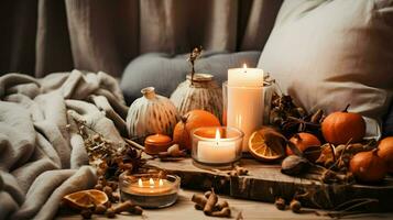 Pumpkin spice potpourri and candles, cozy background layout, Generative AI photo