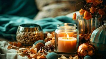 Pumpkin spice potpourri and candles, cozy background layout, Generative AI photo