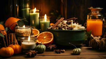 Pumpkin spice potpourri and candles, cozy background layout, Generative AI photo