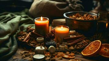 Pumpkin spice potpourri and candles, cozy background layout, Generative AI photo