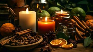 Pumpkin spice potpourri and candles, cozy background layout, Generative AI photo