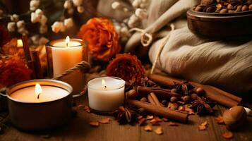 Pumpkin spice potpourri and candles, cozy background layout, Generative AI photo