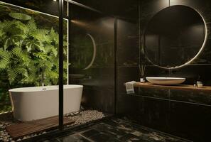 3D rendering of bathroom interior, black toilet, dark design, minimalism, modern classics combined with tropical plants, nature, eco style, trend photo