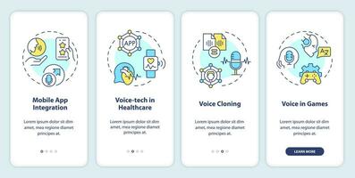 2D icons representing voice assistant mobile app screen set. Walkthrough 4 steps multicolor graphic instructions with thin line icons concept, UI, UX, GUI template. vector