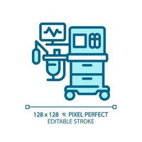 Anesthesia machine pixel perfect light blue icon. Surgical equipment. Medical ventilator. Operating room. RGB color sign. Simple design. Web symbol. Contour line. Flat illustration. Isolated object vector