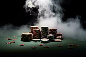Gaming table with colorful chips in clouds of cigarette smoke. Close-up. Gambling concept. Generated by artificial intelligence photo