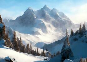 A mountain landscape composition with charming winter colors, from peaks to valleys photo