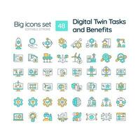 Digital twin tasks and benefits RGB color icons set. Smart manufacturing. Artificial intelligence. Isolated vector illustrations. Simple filled line drawings collection. Editable stroke