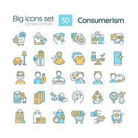 Consumerism RGB color icons set. Consumer culture. Responsible consumption. Impulse buy. Mental health problem. Isolated vector illustrations. Simple filled line drawings collection. Editable stroke