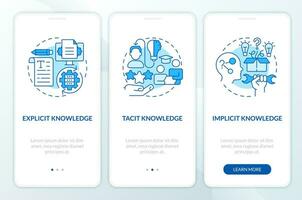 2D line icons representing knowledge management mobile app screen set. 3 steps graphic instructions, UI, UX, GUI template. vector