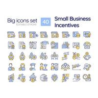 Small business incentives RGB color icons set. Tax credit. Economic development. Business support. Grant money. Isolated vector illustrations. Simple filled line drawings collection. Editable stroke