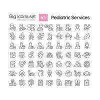Pediatric services linear icons set. Child care. Young patient. Childhood illness. Medical examination. Customizable thin line symbols. Isolated vector outline illustrations. Editable stroke