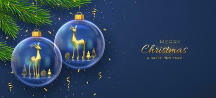 Merry christmas greeting card or banner. Hanging transparent glass balls with golden deers inside, spruce branches on blue background, golden confetti. New Year Xmas 3D design. Vector illustration.