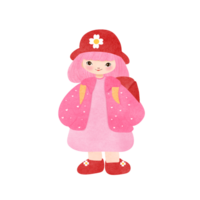 Pink short-haired girl in a pink dress wearing a red hat png