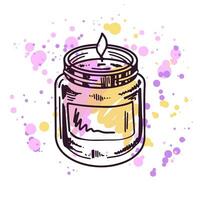 Hand-drawn doodle wax candle in a glass jar-candlestick on a watercolor pastel background with splashes of paint. Beauty cosmetic element, self care. Sketch style. vector