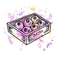 Hand-drawn box with round bathroom bombs, beauty cosmetic element, self care on a watercolor pastel background with splashes of paint. Illustration for beauty salon, cosmetic store. Doodle sketch. vector