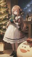 Cute Anime Girl Holding Present Gift For Festive Moment Christmas Time photo