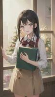 Cute Anime Girl Holding Present Gift For Festive Moment Christmas Time photo