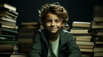 A boy surrounded by healing books isolated on a green gradient background photo