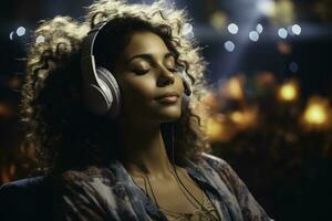 Woman finding tranquility while immersed in music therapy for emotional healing photo