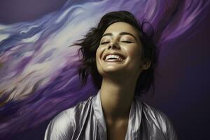 A woman passionately painting her emotions isolated on a purple gradient background photo