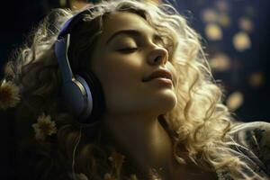 Woman finding tranquility while immersed in music therapy for emotional healing photo