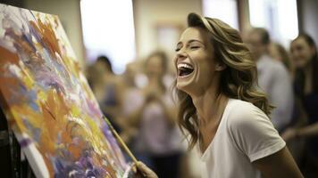 Art therapy participant passionately expressing emotions through vibrant abstract painting photo