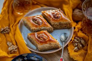 Traditional turkish dessert baklava with cashew, walnuts. photo