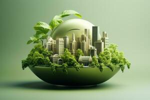 Eco friendly green building isolated on a gradient urban background photo