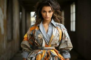 Model posing in a chic outfit made from recycled textile materials photo