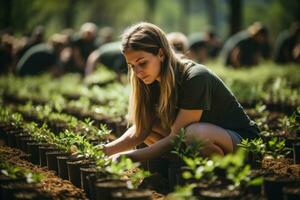 Volunteers planting young trees in deforested area to combat climate change photo