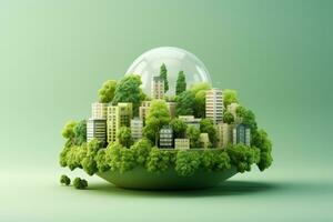 Eco friendly green building isolated on a gradient urban background photo