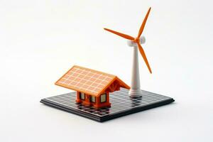 A solar panel and wind turbine toy model isolated on a white background photo