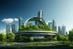 Eco friendly green building isolated on a gradient urban background photo