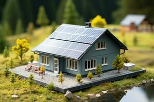 A solar panel and wind turbine toy model isolated on a white background photo