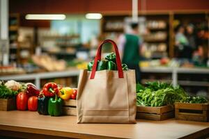 Grocery shopping with reusable bags and containers at a local market photo