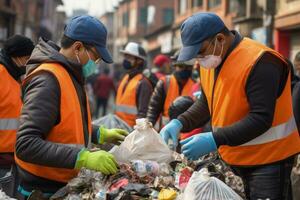 City dwellers sorting waste for recycling at community collection point photo