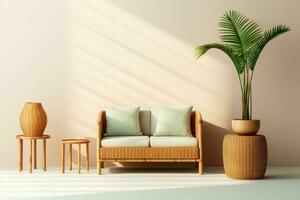 Bamboo furniture set in a minimalist room isolated on a gradient background photo