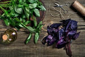 Green and purple fresh basil on wooden background. Top view photo