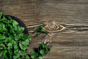 Fresh mint leaves on wooden background. Top view. Copy space photo